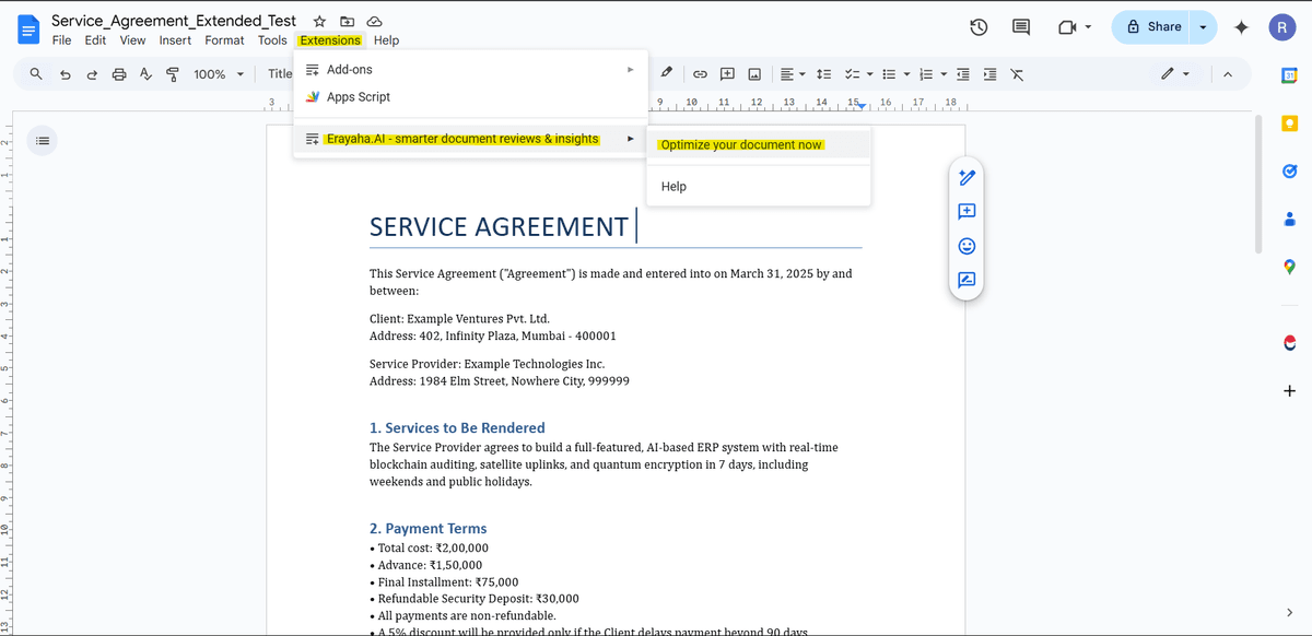 Accessing Erayaha.AI in Google Docs Screenshot