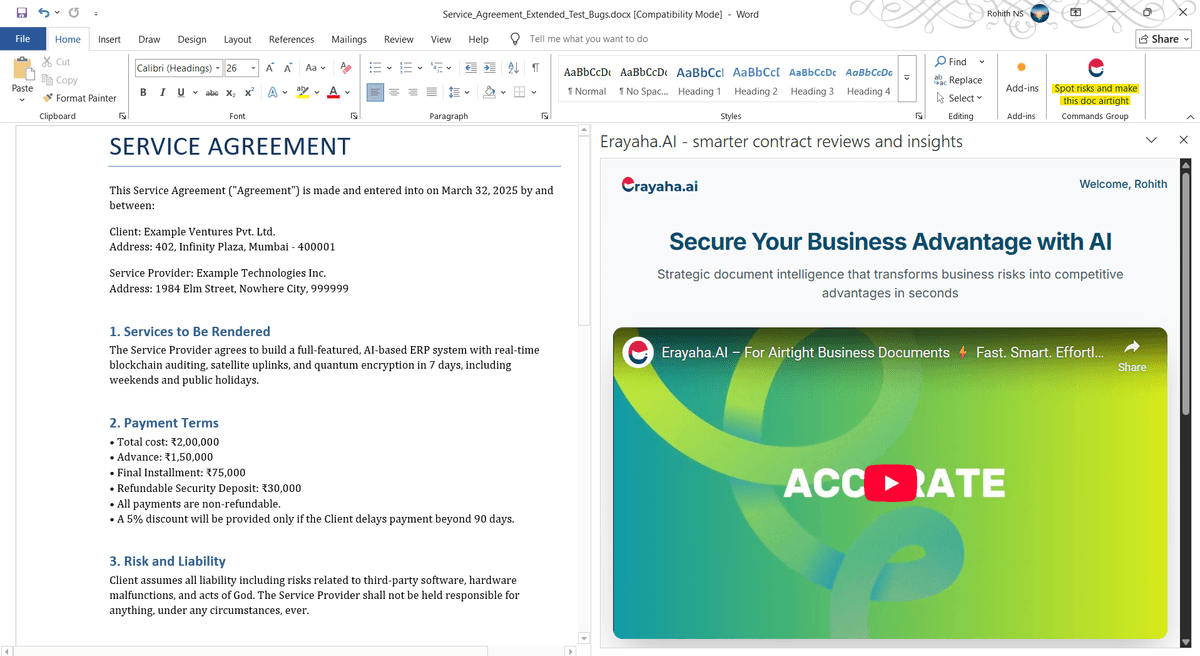 Accessing Erayaha.AI in Word Screenshot