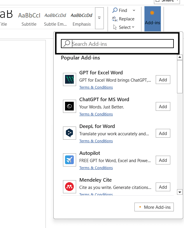 Go to Get Add-ins Screenshot