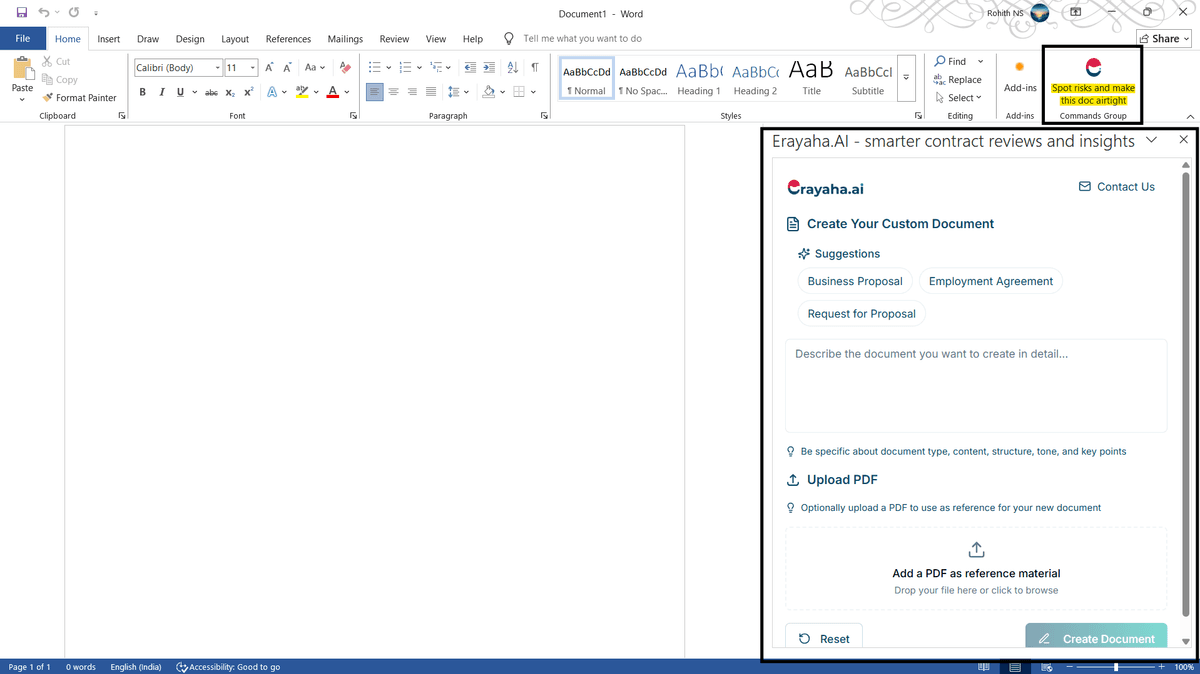 Open Erayaha.AI Add-in Sidebar Screenshot